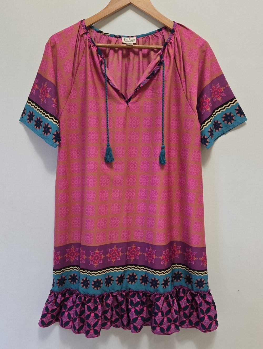 Natural Life Boho Multicolor Tunuc Dress M Tassel Ruffle Hem Lightweight
